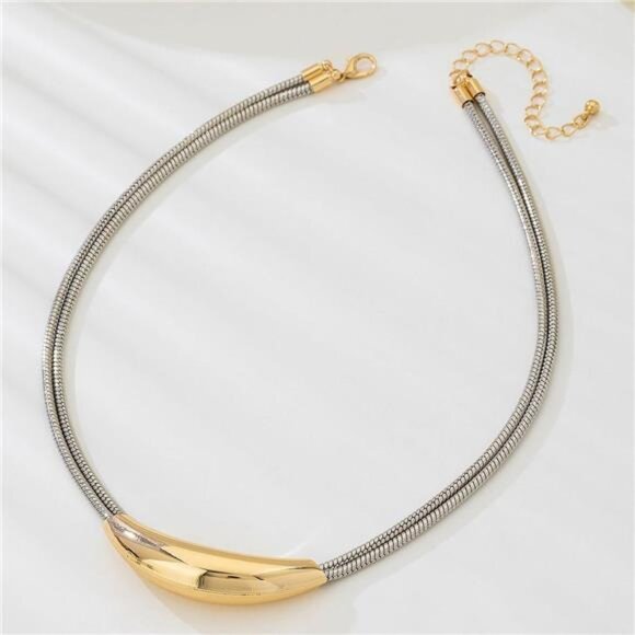 Two-Tone Alloy Curved Pendant Snake Chain Necklace - Picture 5 of 6